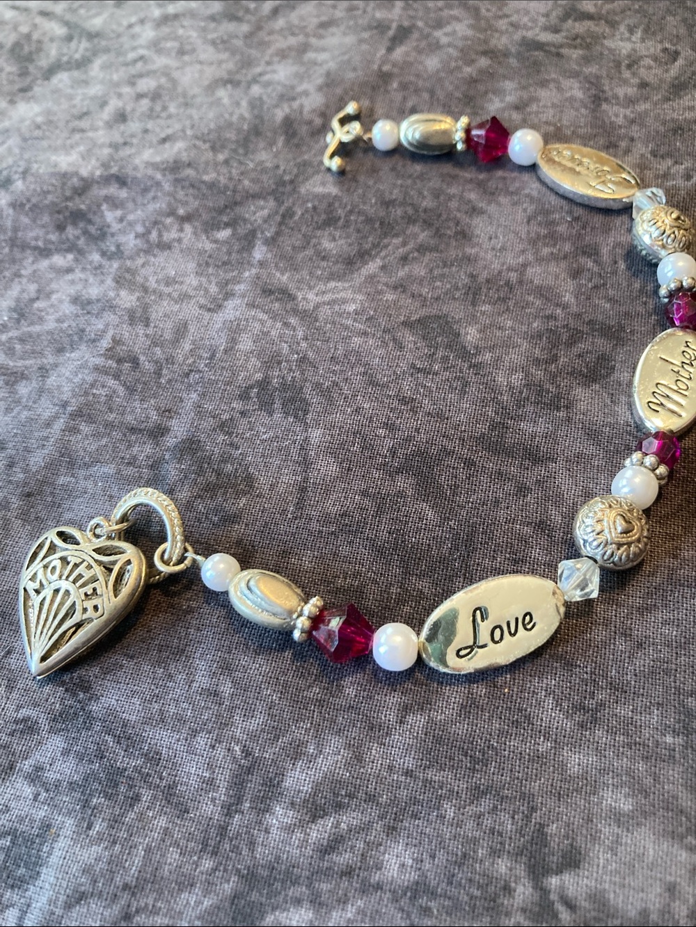 Silver Tone 'Love Mother Forever and Heart Charm Bracelet with Pink Crystal Bead
